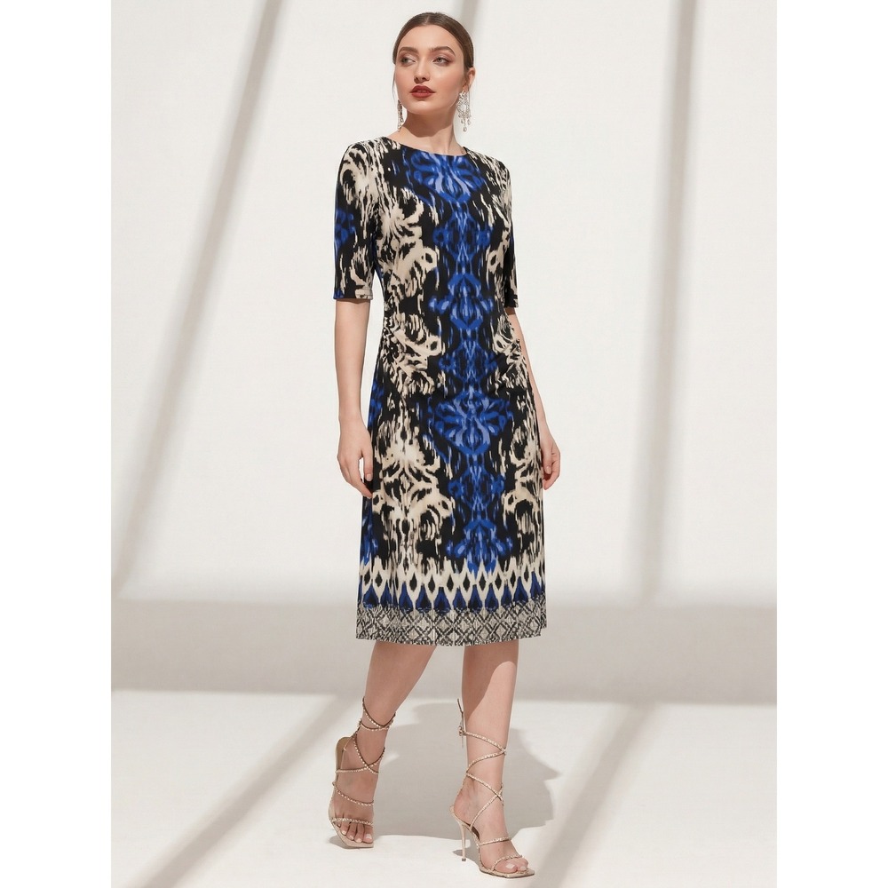 Jones New York Sheath Dress 10 Blue Black Abstract Ikat Ruched Knee Length